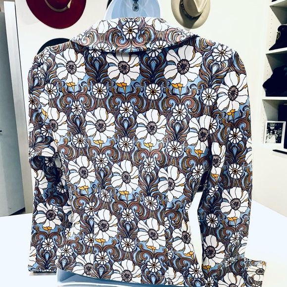 Anthropologie ruched stretch retro blouse size XS - bold floral blue - Picture 7 of 10